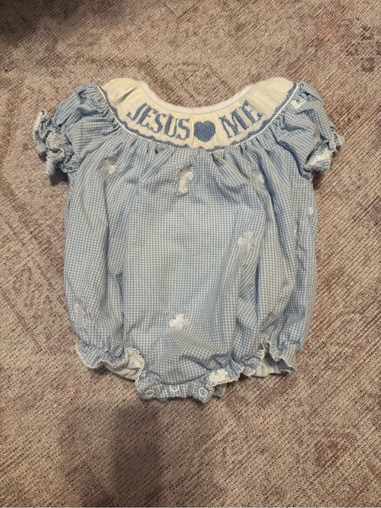 sweet la rose Other - Smocked Blue Gingham 'Jesus Loves Me' Baby One-Piece